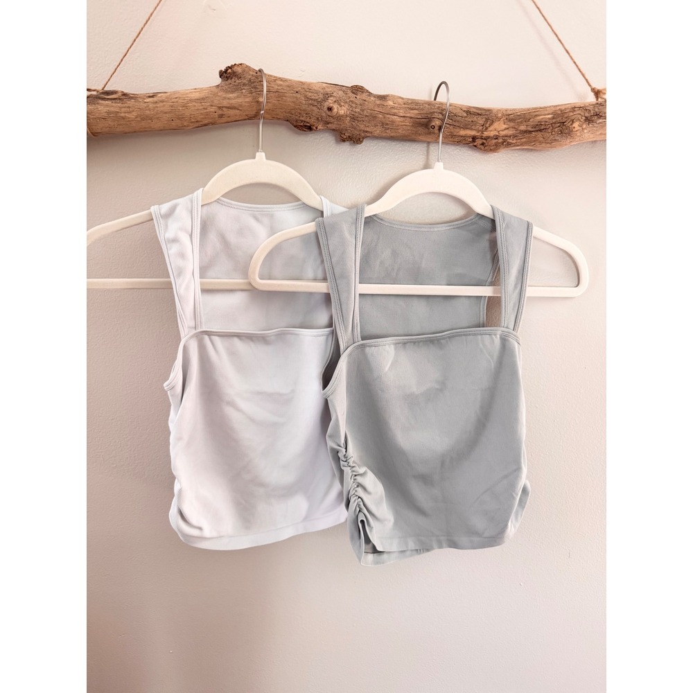 OQQ 2 Pack Seamless Ribbed Tank‎ Tops White Sage Green Square Neck Crop Small